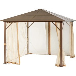 Gazebo marrone con tende per giardino e patio.
