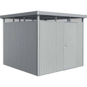 Casetta da giardino in metallo Biohort HighLine, 6,6 m², argento metallizzato con porta singola.