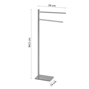 Piantana t.b.t. autoportante argentata con due bracci porta asciugamani e base quadrata.