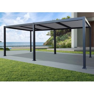 Gazebo moderno t.b.t. grigio con tetto a lamelle in giardino.