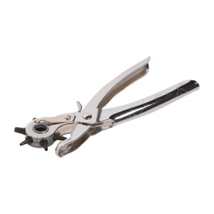 Pinza fustellatrice a revolver cromata per forare pelle e tessuti.