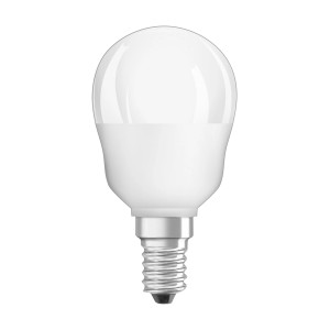 Lampadina LED E14 bianca con testa rotonda.