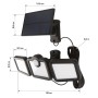 t.b.t. Lampada solare con tre faretti LED e pannello solare, dimensioni indicate.