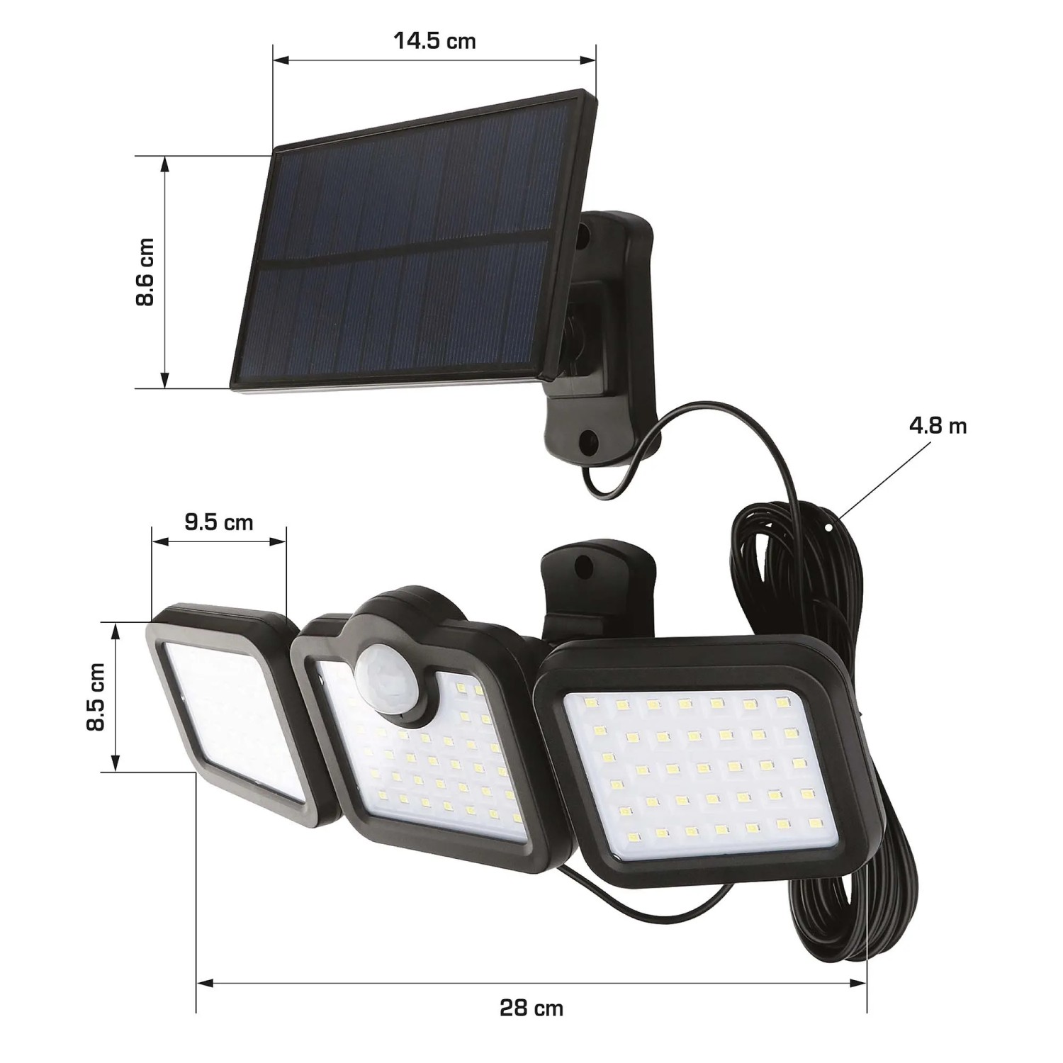 t.b.t. Lampada solare con tre faretti LED e pannello solare, dimensioni indicate.