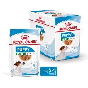 Royal Canin Mini Puppy cibo umido, busta da 85g e confezione da 12 per cani di piccola taglia.