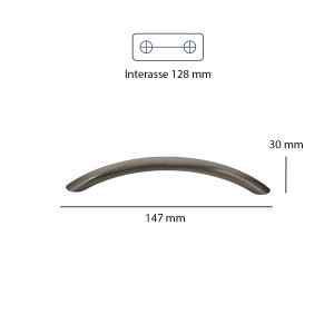 Maniglia per mobili grigia curva con dimensioni per il montaggio, abbinabile alla categoria maniglie e pomelli per mobili.