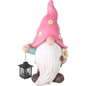 Gnomo da giardino con lanterna, 48cm, rosa, in polystone. Decorazione da giardino per esterni.