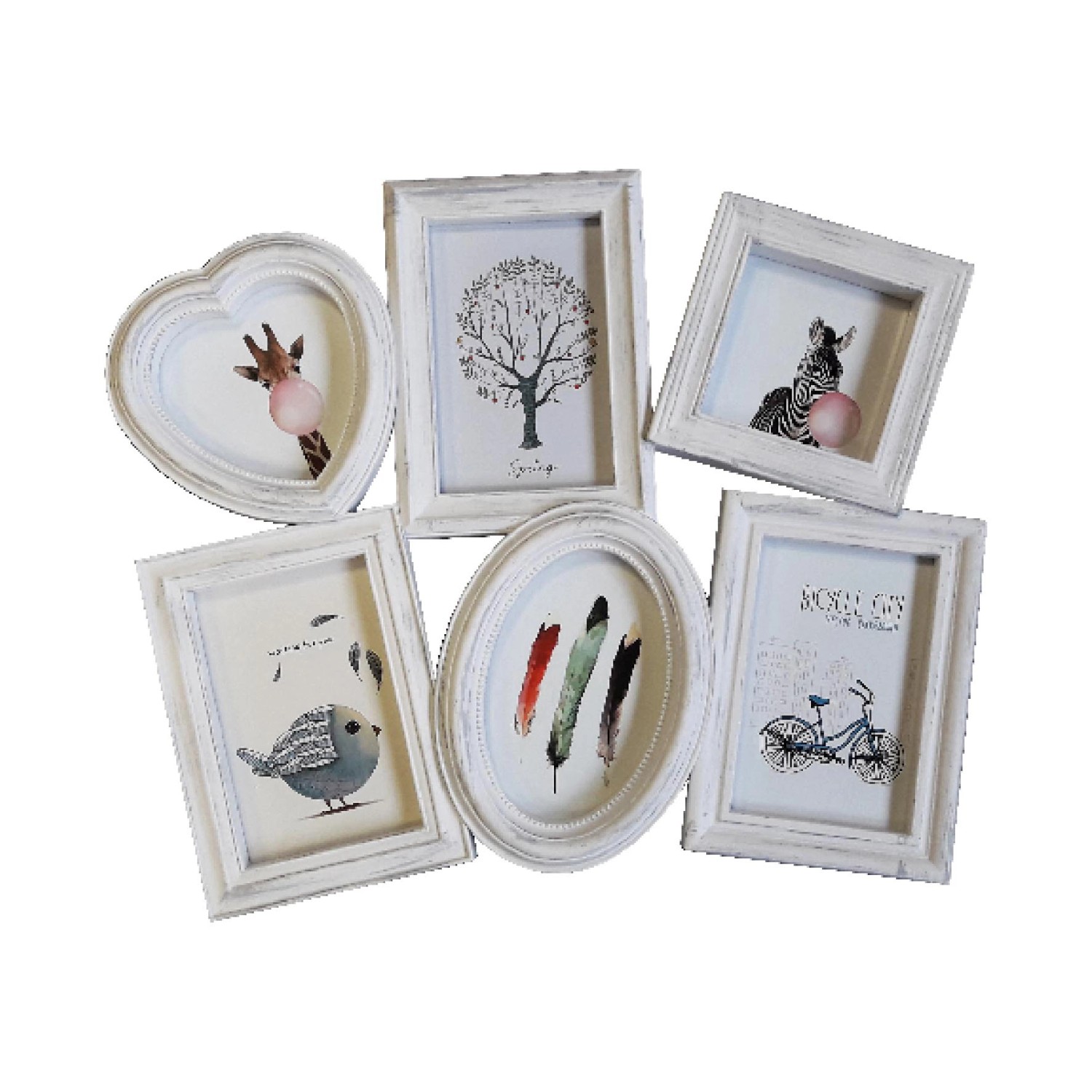 Set di 6 cornici bianche di diverse forme.