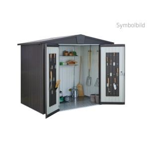 Casetta attrezzi metallica Biohort Europa grigio scuro metallizzato con porte aperte, mostra attrezzi e scaffali.