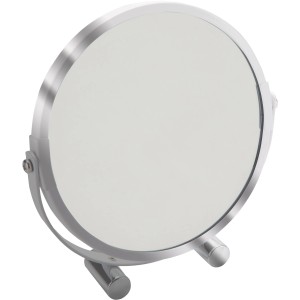 Specchio da trucco t.b.t. rotondo con cornice in metallo argentato.