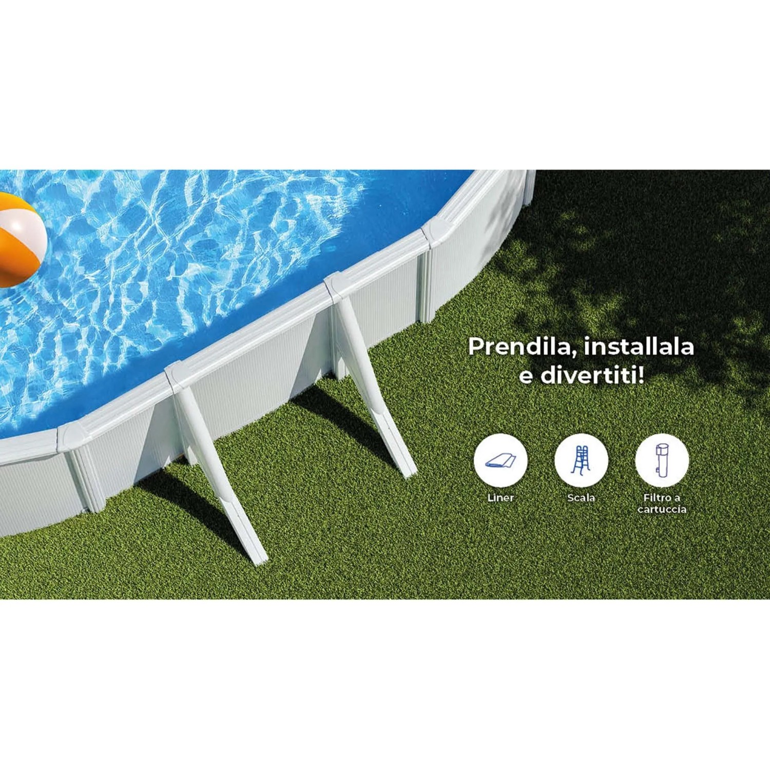 Piscina ovale Gre Bora Bora fuori terra con pareti in acciaio bianche e supporti in giardino, acqua blu.
