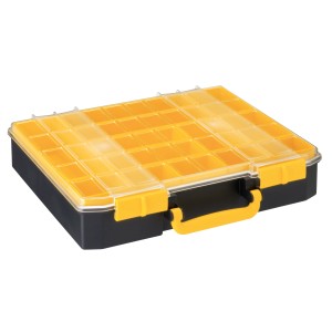 Cassetta portaminuterie LUX flessibile, alta 41 cm, con scomparti gialli e coperchio trasparente.