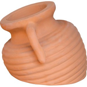 Vaso in terracotta inclinato con manico, ideale per giardino e balcone.