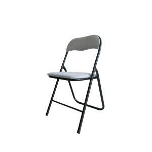 Sedia pieghevole con seduta e schienale grigi, struttura nera.