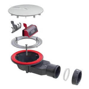 Vista esplosa di un sifone doccia con parti singole come coperchio, filtro e guarnizioni.