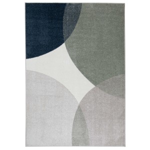 Tappeto moderno con design astratto a cerchi in blu, grigio e bianco.