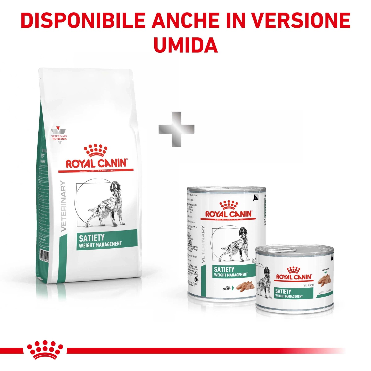 Royal Canin Satiety Weight Management cibo secco e umido per cani in lattina.