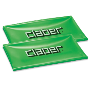 Due coperture verdi per bidoni della spazzatura Claber t.b.t. con logo Claber.