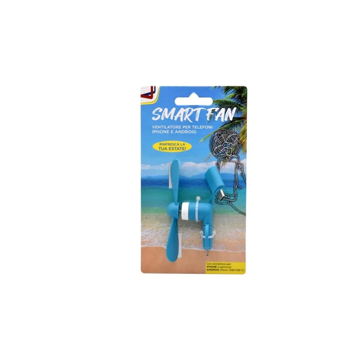 Mini ventilatore blu per smartphone, ideale per quando si è in giro.