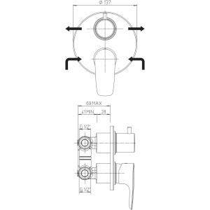 Disegno tecnico: Miscelatore doccia t.b.t. con dimensioni.