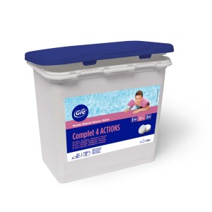 Gre Cura Piscina Completa 4 Azioni, pastiglie di cloro in secchio con coperchio blu.