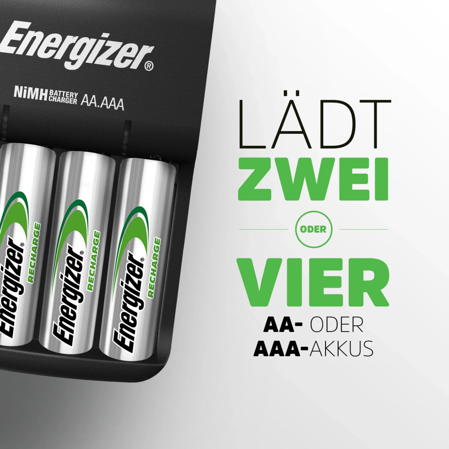 Caricabatterie Energizer con USB e 4 batterie AA. Ricarica 2 o 4 batterie AA/AAA.