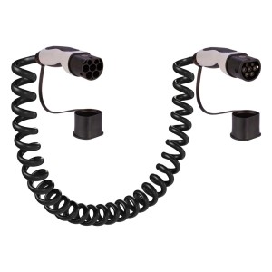 Cavo a spirale nero t.b.t. per auto elettriche con due spine e cappucci protettivi.