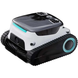 Robot per piscina t.b.t. con cingoli in bianco e nero.