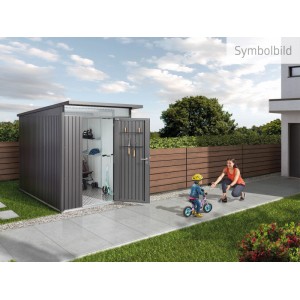 Casetta attrezzi Biohort AvantGarde grigio scuro metallizzato con doppia porta aperta, ripiani. Donna e bambino in giardino.