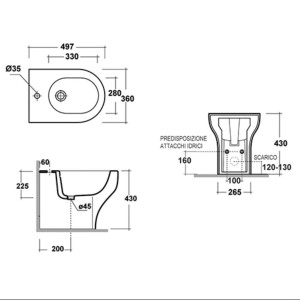 Disegno tecnico di un bidet t.b.t. con dimensioni.