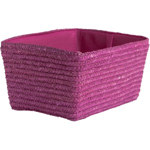 Cesto quadrato rosa per accessori mobili bagno.