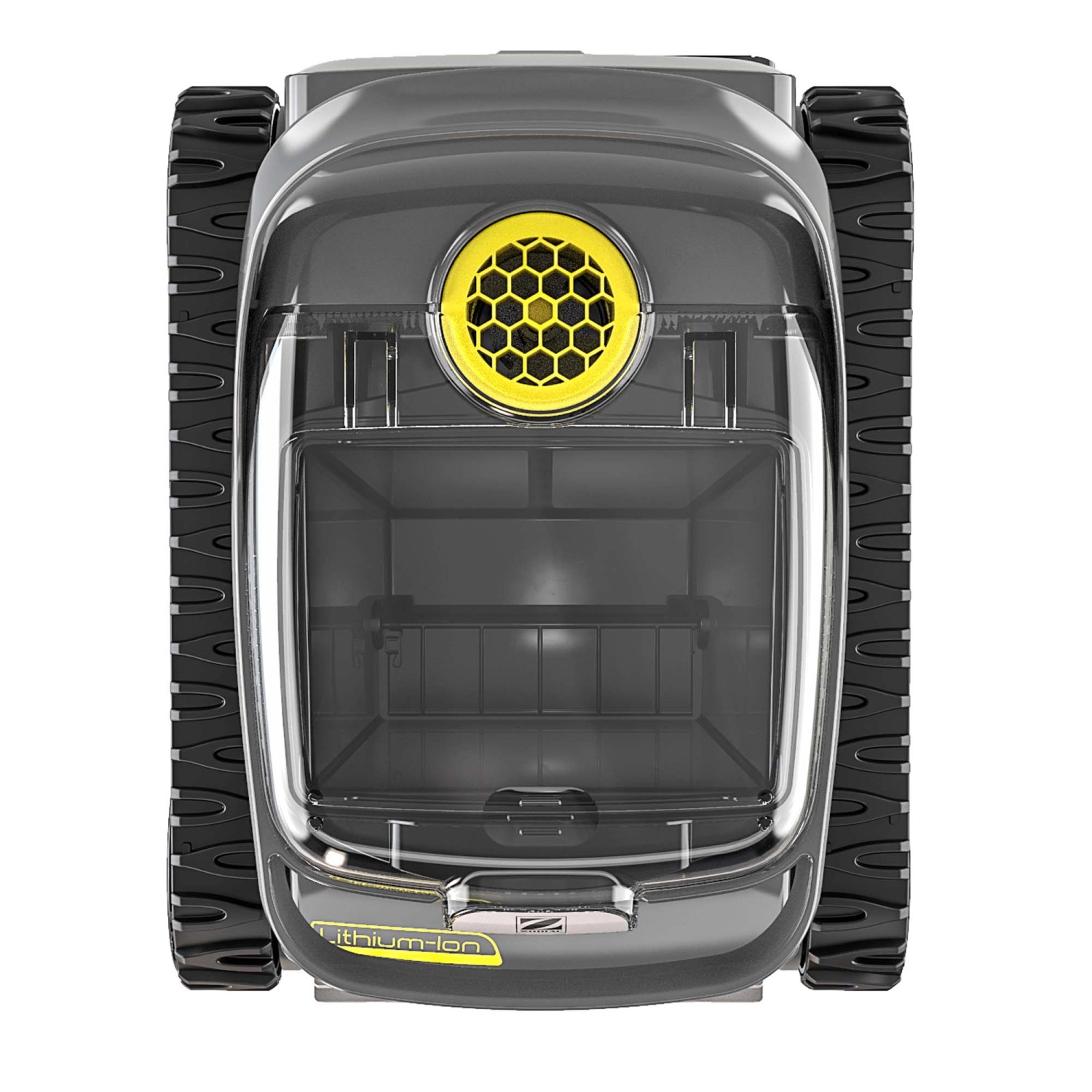 Robot piscina t.b.t., corpo grigio con dettaglio giallo, vista dall'alto.