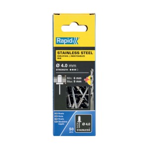 Rivetti Rapid Acciaio INOX Ø4.0 x 12 mm Conf. da 50 Pezzi e Punta Trapano incl