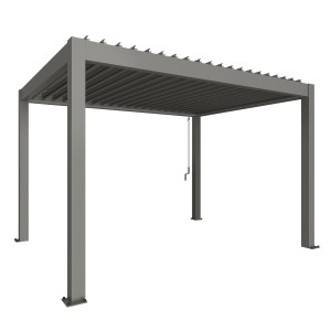 Pergola Biohort, grigio quarzo metallizzato, con lamelle regolabili e scarico acqua piovana integrato.