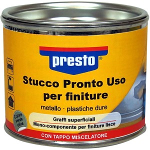 Presto stucco lisciante NC 250g in secchio di metallo giallo per riparazioni auto.