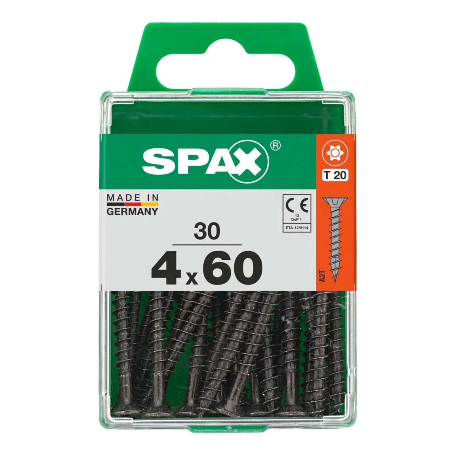 Viti universali SPAX 4x60, 30 pezzi in contenitore di plastica trasparente.