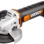 Smerigliatrice angolare a batteria Worx WX800 20V con batteria, impugnatura ausiliaria e disco abrasivo.