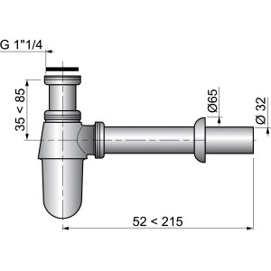 Disegno tecnico di un sifone per lavabo con dimensioni.