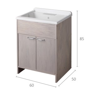 Mobile lavabo con due ante e lavabo bianco.