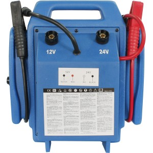 Avviatore di emergenza blu per batterie auto 12V e 24V con cavi e morsetti.