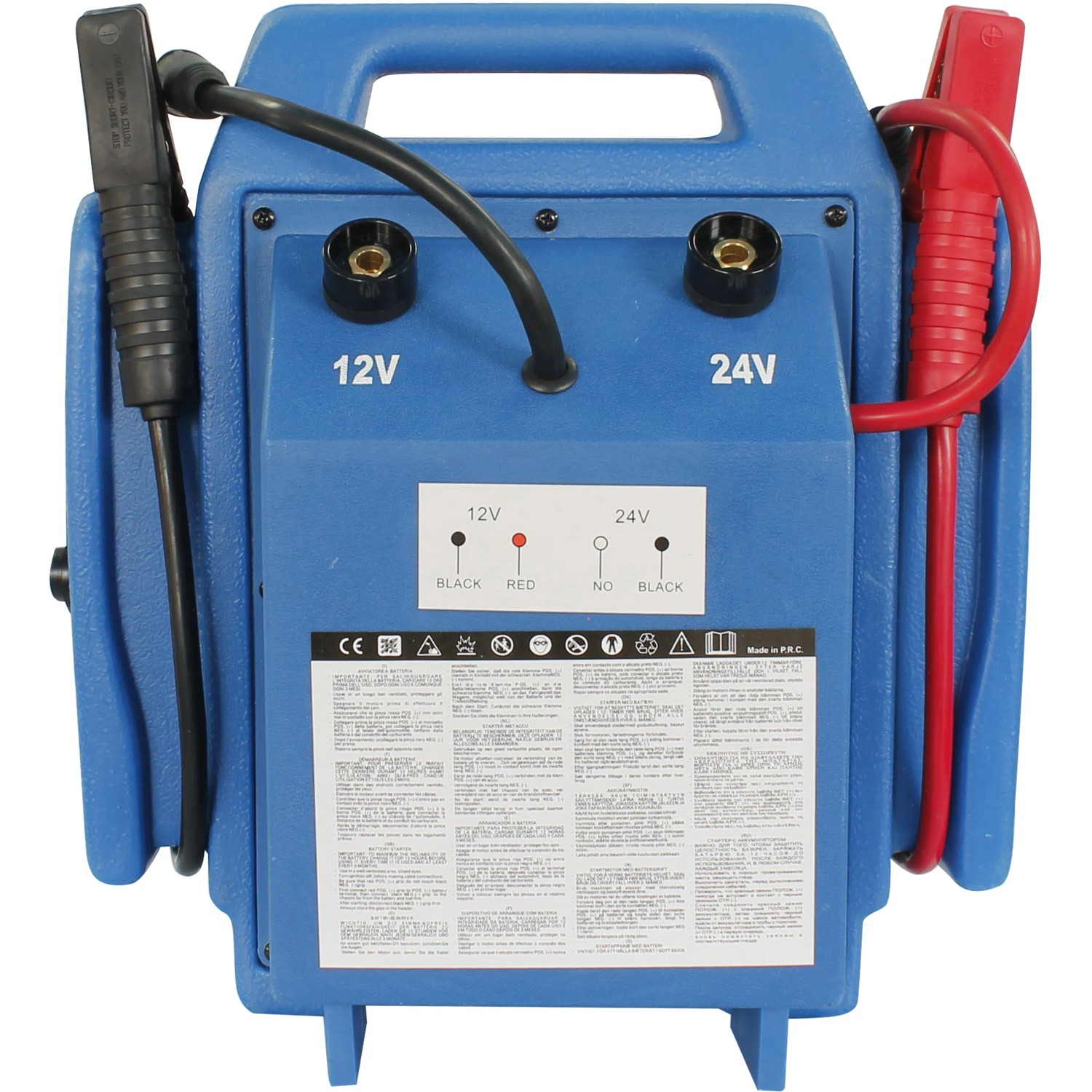 Avviatore di emergenza blu per batterie auto 12V e 24V con cavi e morsetti.