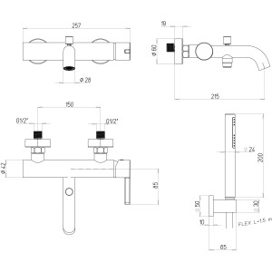 Disegno tecnico di un miscelatore per vasca t.b.t. con dimensioni.