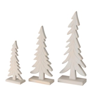 Tre alberi di Natale decorativi in legno chiaro, diverse dimensioni, per decorazioni festive.