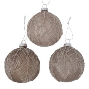 Tre palline di Natale grigie con motivo a foglie, Categoria: Sfere e addobbi.