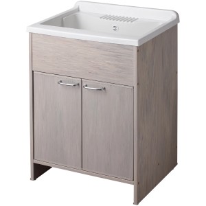 Mobile lavatoio con lavabo in plastica bianca e due ante grigie.