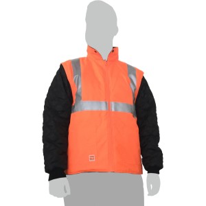 Giacca da lavoro arancione con riflettori e maniche nere.