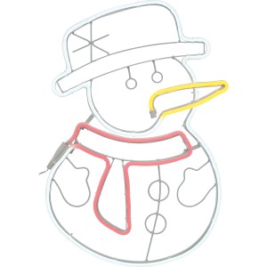Figura luminosa da esterno a forma di pupazzo di neve con naso giallo e sciarpa rossa.
