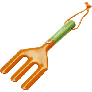 Zappa da giardino arancione per bambini con manico in legno verde e passante per appenderla.