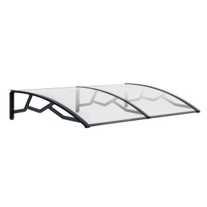 Tettoia grigia per porta d'ingresso con pannello in policarbonato trasparente.