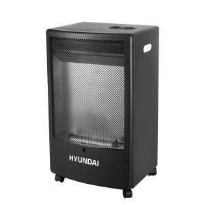 Stufa a gas nera Hyundai con ruote e griglia di protezione.